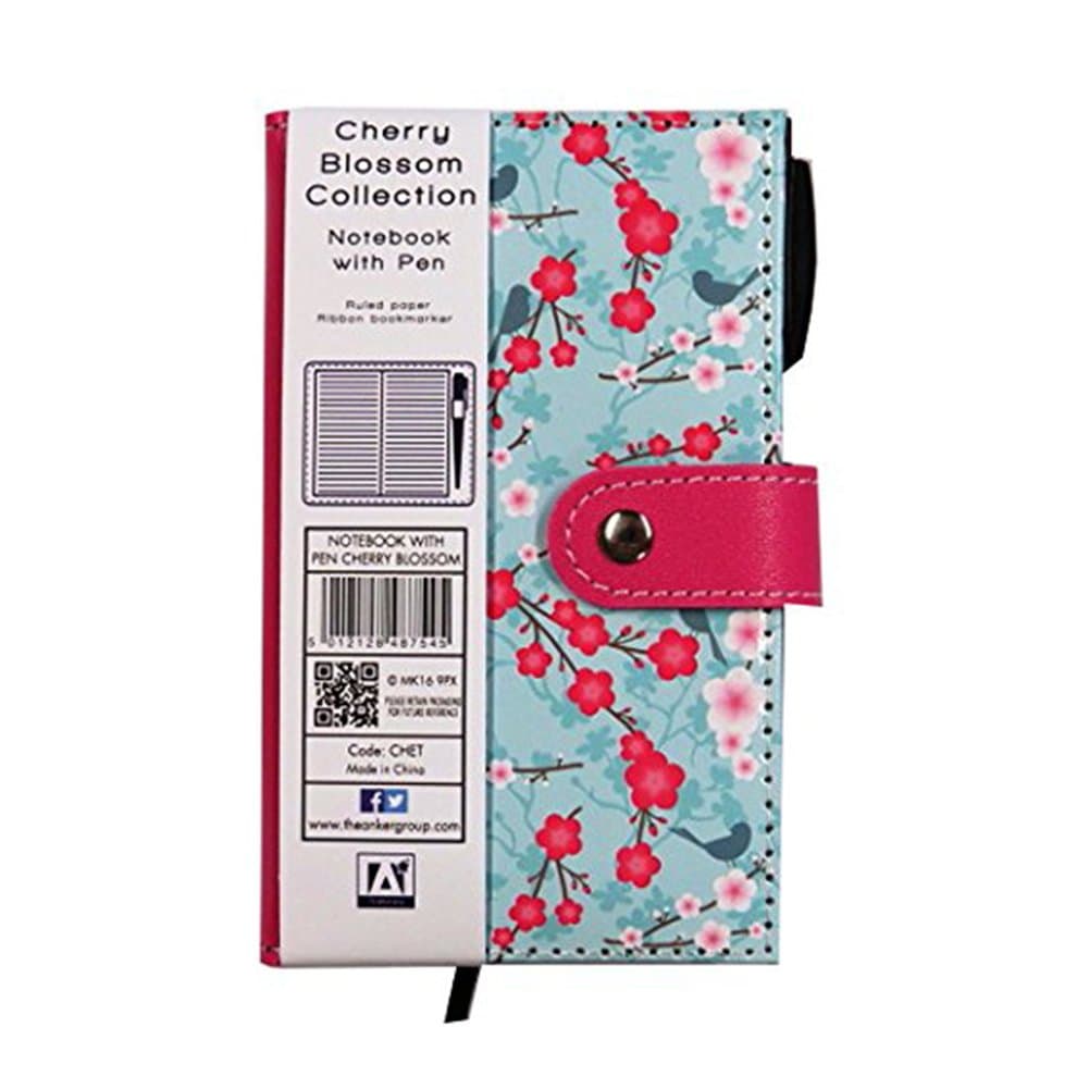 Cherry Blossom Slim Faux Leather Pocket Closing Notebook with Pen - Size 155mm x 94mm