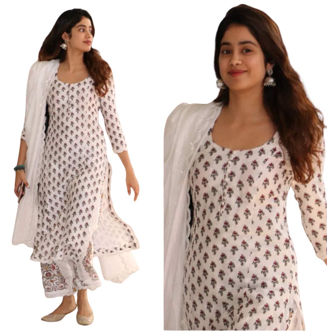 Jaipuri Fashionista Women Cotton Kurti Palazzo with Dupatta Set white XXL
