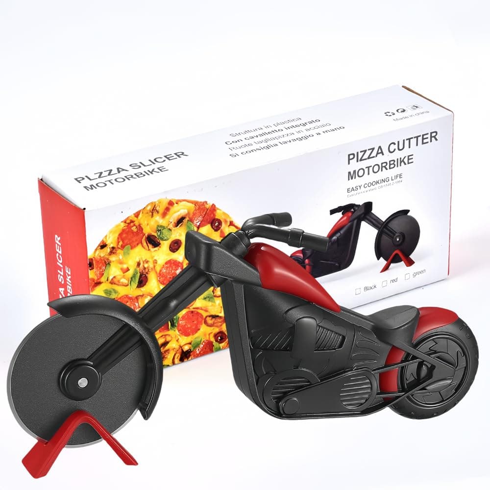 Motorcycle Pizza Cutter, stainless steel pizza cutter two wheels Sharp Pizza Slicer, novelty motorcycle-shaped pizza wheel cutting slicer Circular Blade Easy to Clean With Display Stand