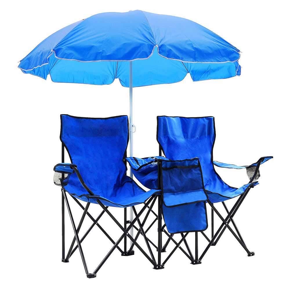 Yescom Double Folding Chair w Umbrella Table Cooler Fold Up Picnic Camping Beach Garden