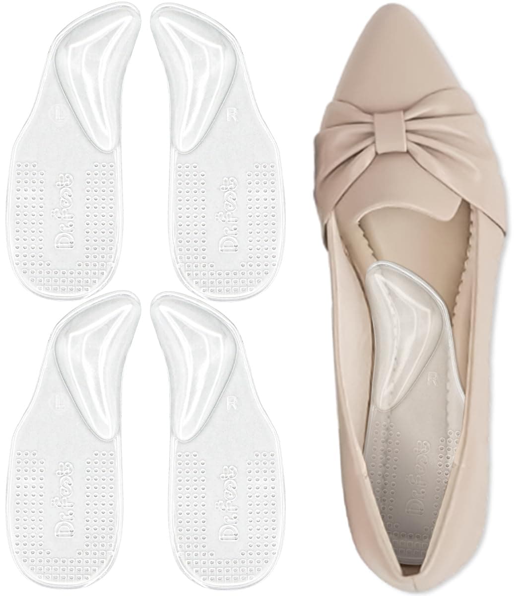 Dr.Foot Arch Support Shoe Inserts for Plantar Fasciitis Relief, Self-Adhesive Arch Pads Heel Cushion for Flats, Heel Pain, Gel Arch Insoles for Men and Women 2 Pairs (Small, Transparent)