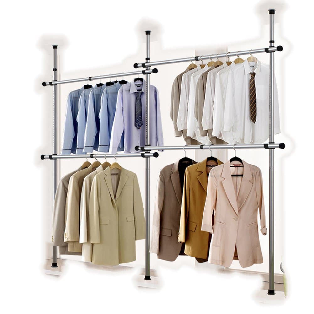 GoldCart 38mm Diameter Pole Long Crossbar Portable Indoor Garment Rack Tools-Free DIY Coat Hanger Clothes Wardrobe 3 Poles 4 Bars. 90kg Loading per Bar. Free Reach Hook. Space Fit Saver.[3804]