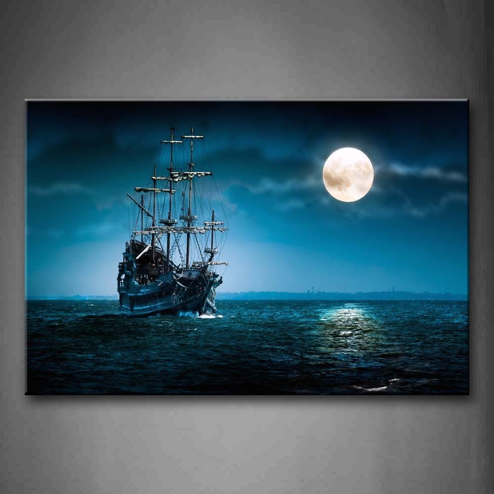Pirate Ship Wall Art Viking Ship Canvas Nautical On the Sea and Moon Seascape Wall Art Painting The Picture Print On Canvas for Living Room Kitchen Home Decor