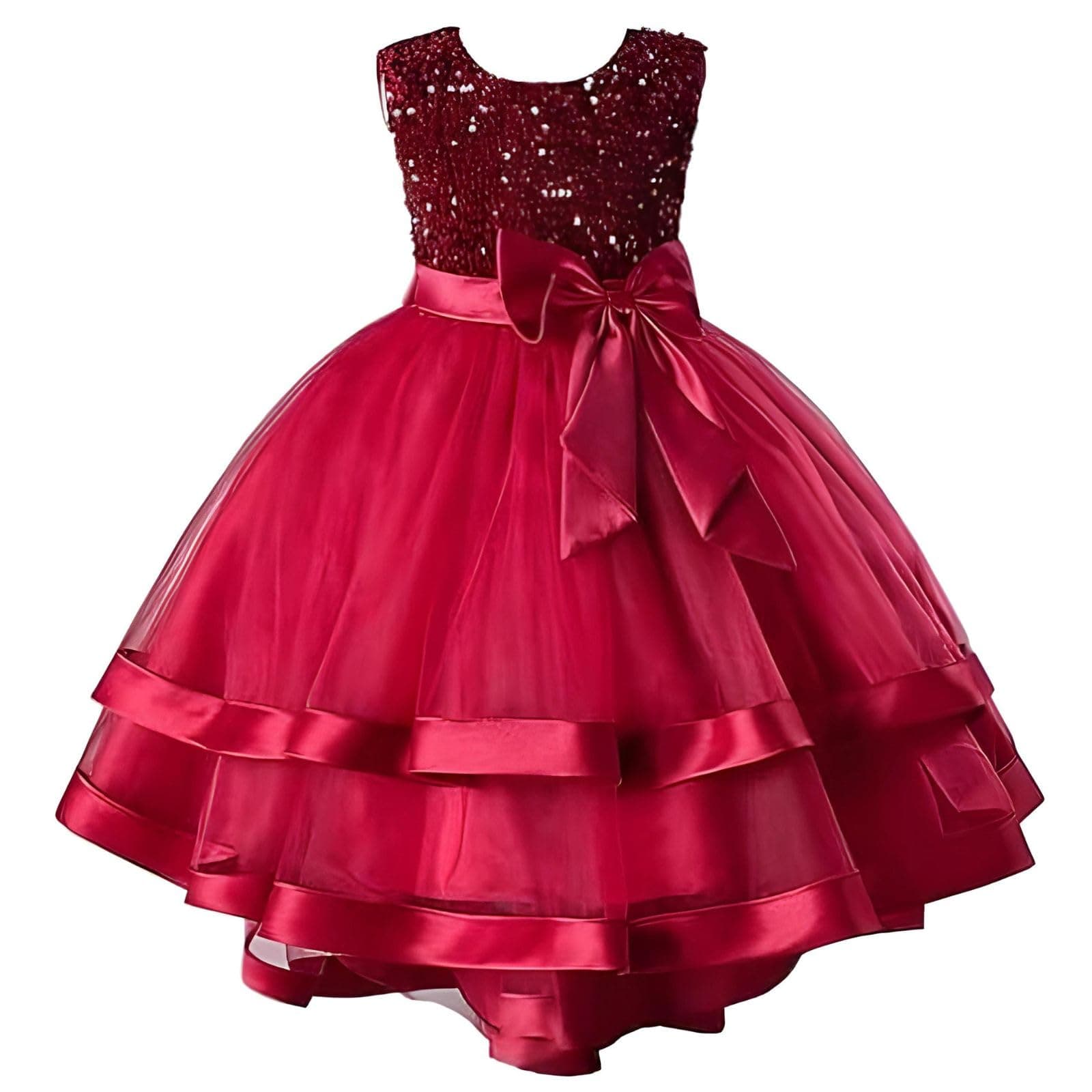 Embroidery Sequence Baby Frock for Kid Girls with Sleeveless Bow Surface Styling and Round Neck | Frock for Baby Girl