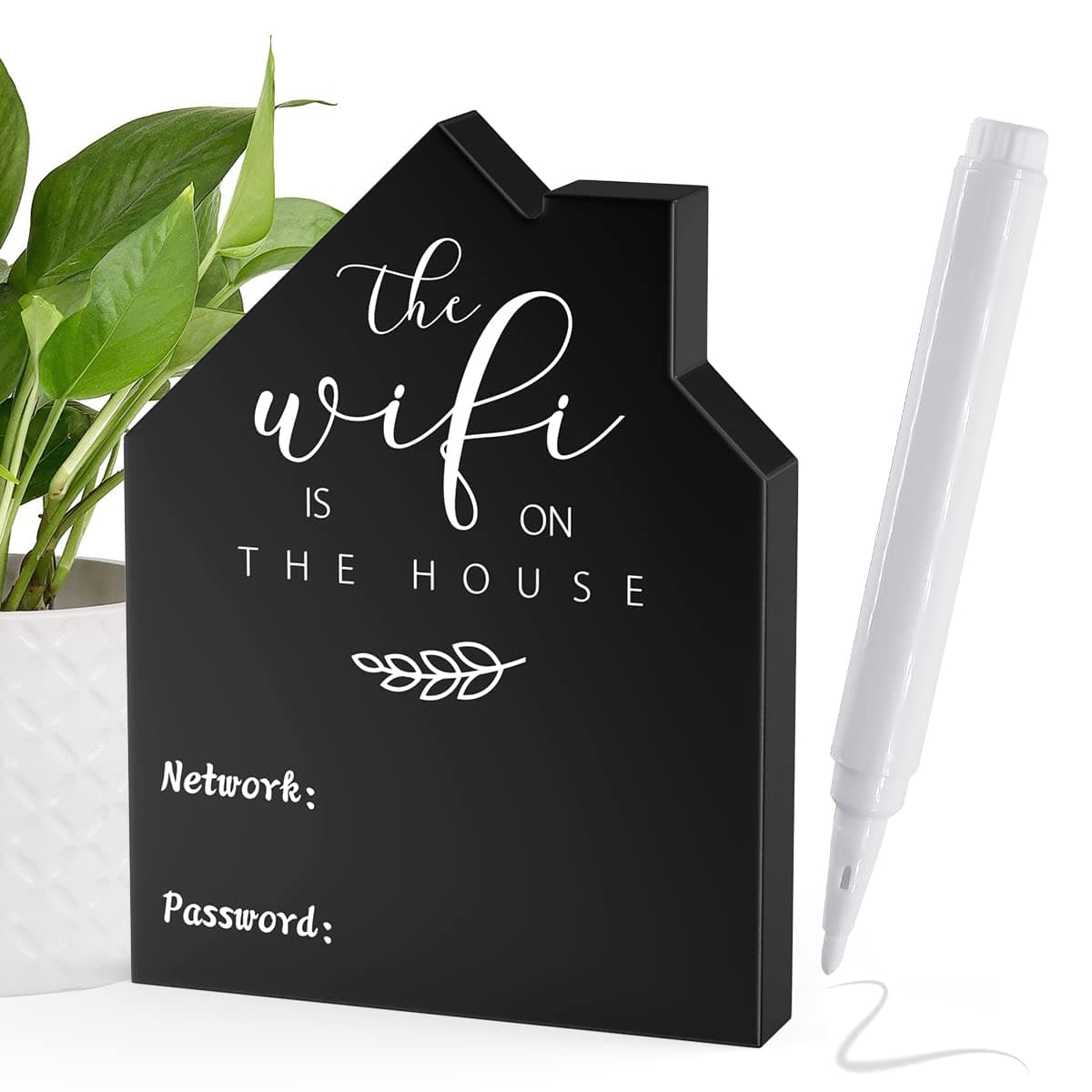 1Pcs Wifi Password Sign for Home Wooden Table Wifi Sign Wooden Freestanding Chalkboard Style House Shape for Home Business Centerpieces,Guest Room Tabletop Decor(Black)