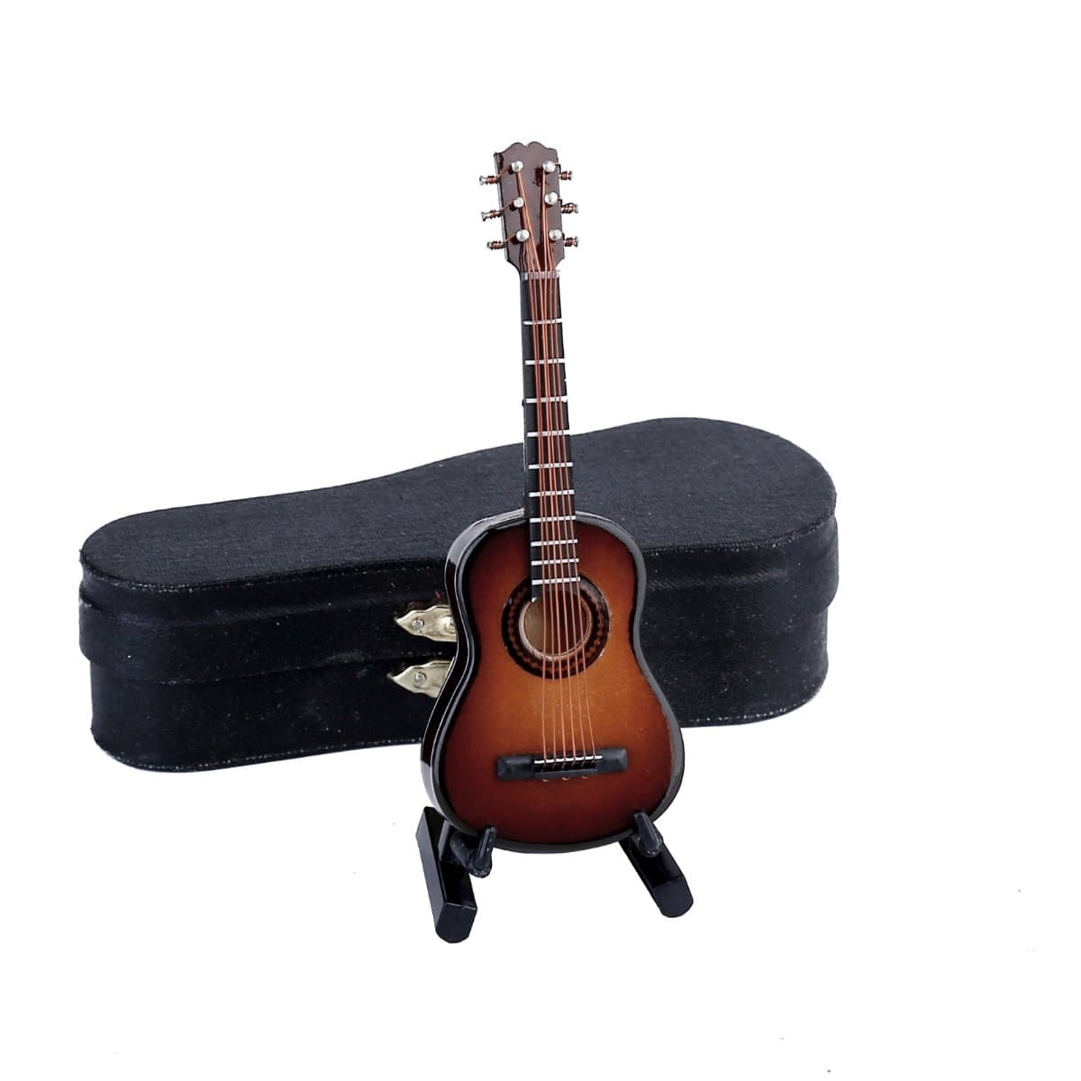 Wooden Miniature Guitar with Stand and Case Mini Musical Instrument Classic Guitar Replica Collectible Figurines Model Home Decoration Display Ornament (Brown, 3.93"x1.42"x0.56")