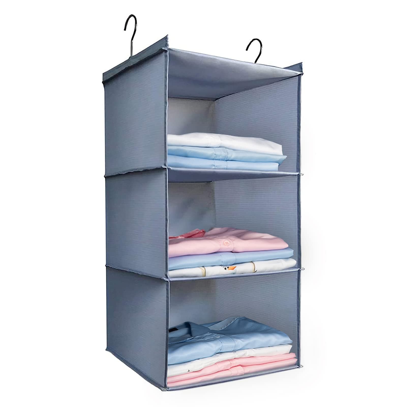 Hanging Closet Organizer and Storage 3-Shelf, Easy Mount Foldable Hanging Closet Wardrobe Storage Shelves, Clothes Handbag Shoes Accessories Storage, Washable Oxford Cloth Fabric, Gray