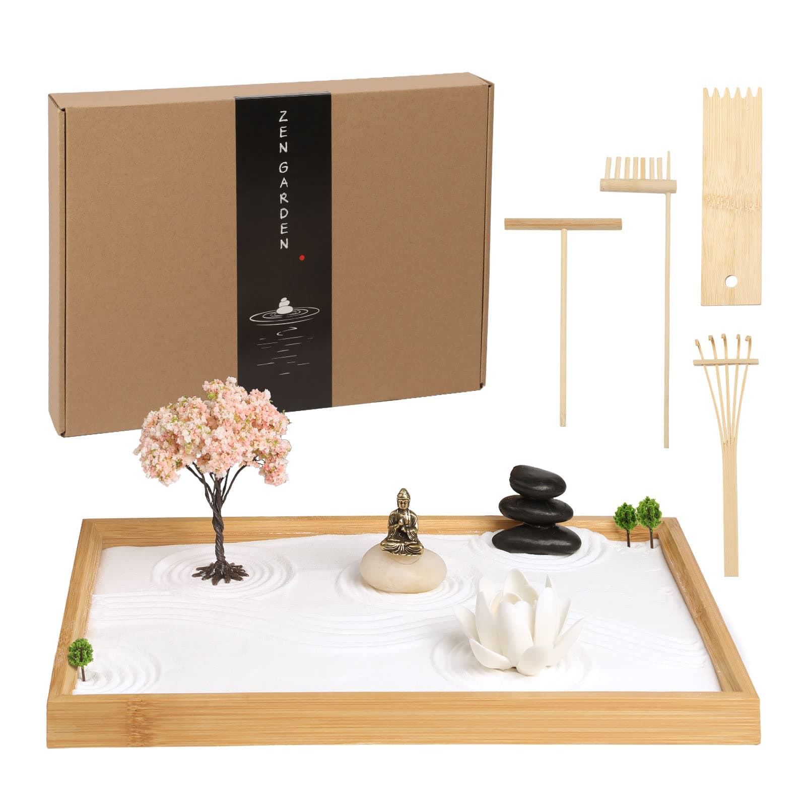 Zen Garden Kit for Office Desk, Japanese Meditation Decor Sand Art with Tray/Buddha Statue/Handmade Ceramic Lotus Incense Holder/Zen Accessories, Spiritual Gift for Women Men Yoga Mind Relaxation