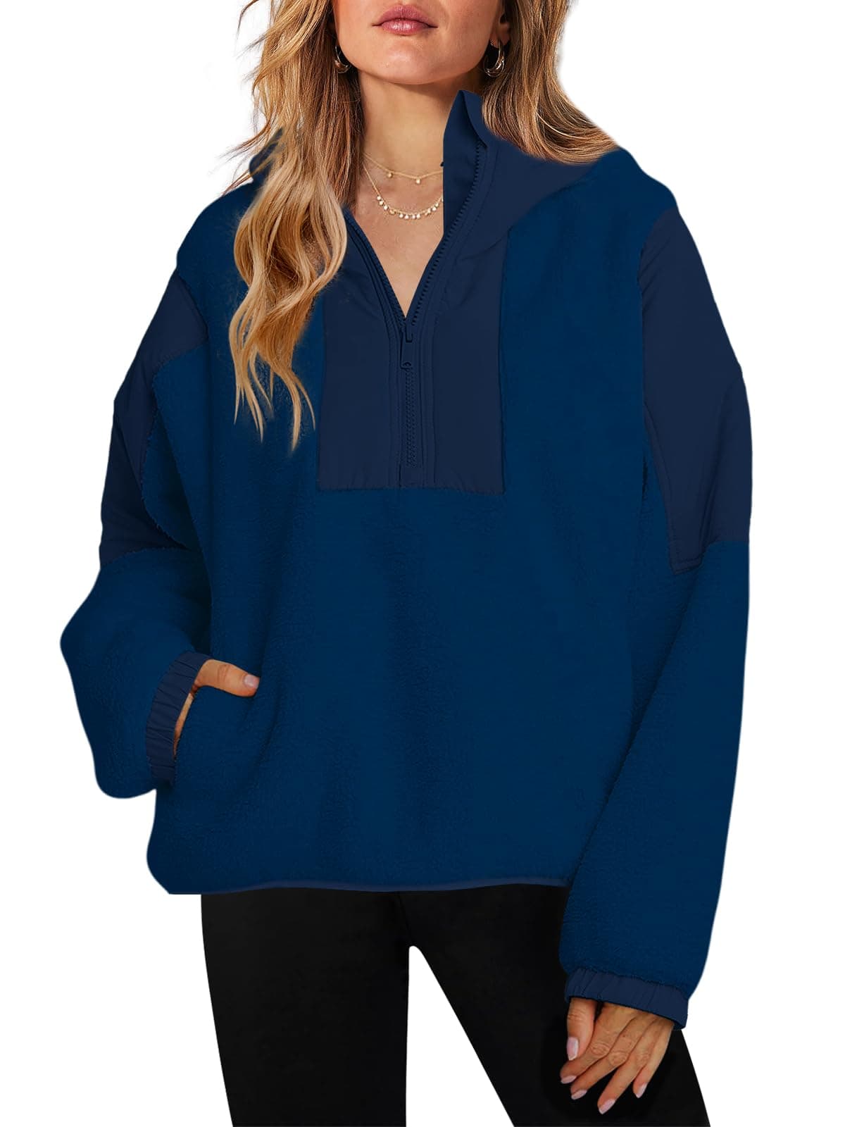 ReachMe Womens Fleece Hoodie Oversized Sherpa Jacket with Pockets Half Zip Sweatshirt Fuzzy Pullover Coats