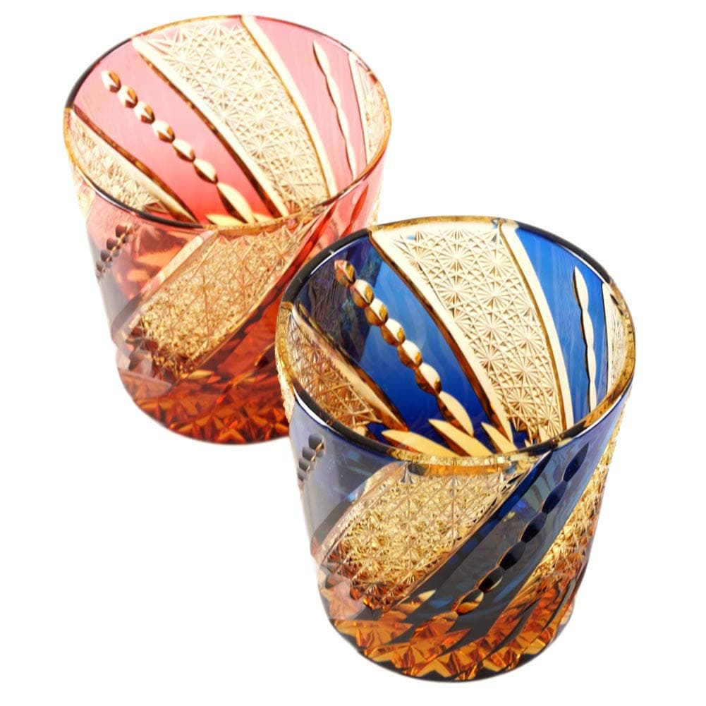 Set of 2 Crystal Double Old Fashioned Rocks Glass 8.7oz Edo Kiriko A Windmill Design Cut Glass - Pink x Amber & Blue x Amber [Japanese Crafts Sakura]