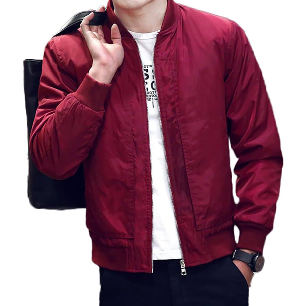BINGKA Mens Bomber Jacket Softshell Sportswear Lightweight Slim Jacket Coat, Red, US Size XS (Asian Size L)
