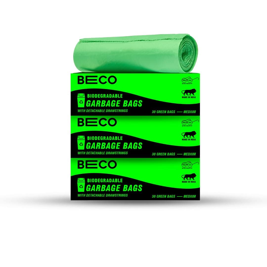- Beco Eco-Friendly Garbage Bags | 90 Pcs | Medium-19 x 21 Inches | 30 Bags x 3 Rolls | Green | Dustbin/Trash Bags with Detachable Drawstrings | For Dry & Wet waste