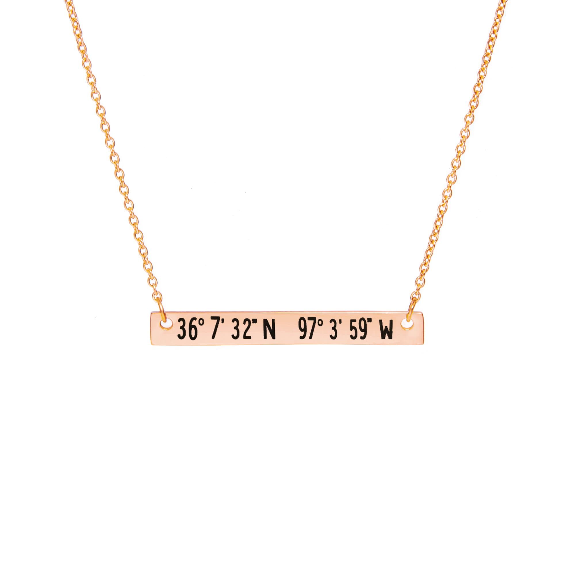 CheKu States Coordinates Bar Necklace 16"x1.6" in Rose Gold Personalized Birthday Gift for Girlfriend (Engraving)