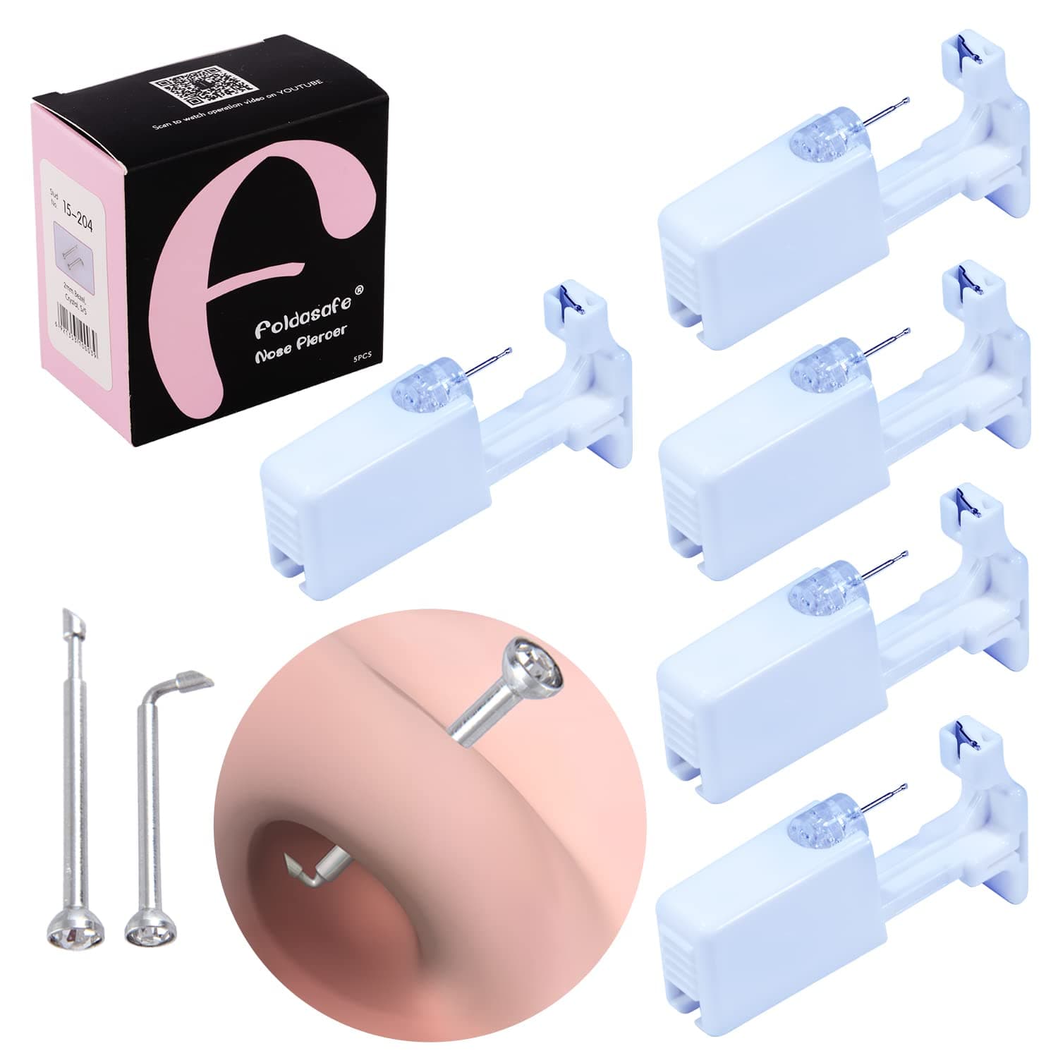 5 Pack Disposable Nose Piercing Gun Kit - Self Piercing Nose Rings & Studs