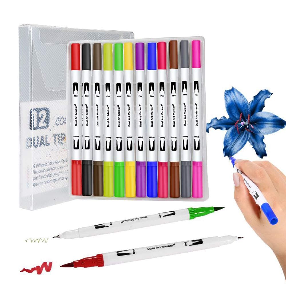 Dual Tip Brush Markers Pen, Fine and Brush Tip Colored Dual Pens for Coloring Books, Drawing, Bullet Journal, Planner, School Art Projects(12 Colors)