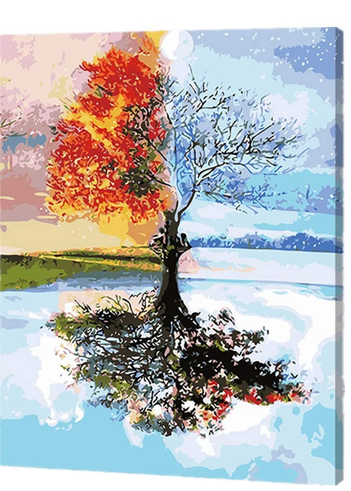 DIY Oil Painting Paint by Number Kit for Adults Kids Beginner - Four Season Tree of Life 16"x20" with Wooden Frame and Easel