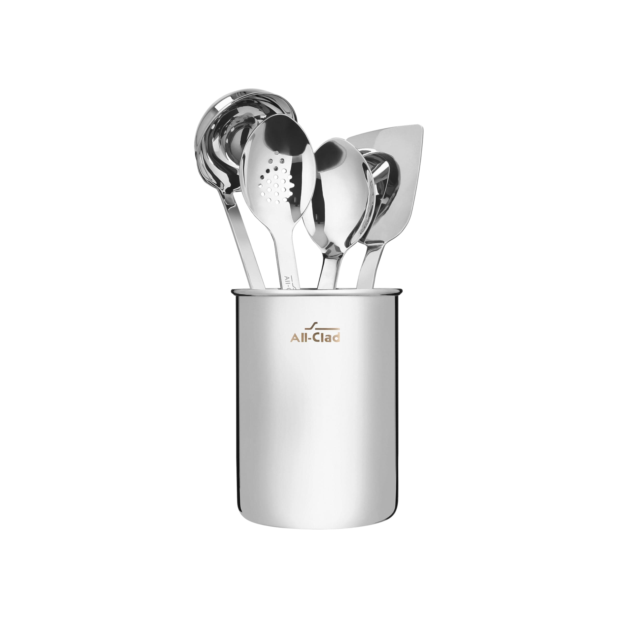 5-Piece Stainless Steel Kitchen Utensil Set – Includes Ladle, Solid Spoon, Slotted Spoon, Turner & Storage Caddy – Heavy-Gauge, Ergonomic, Dishwasher Safe, Silver