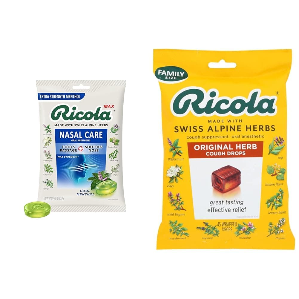 Ricola Max Cool Menthol Nasal Care Drops Large Bag 34 Count & Original Swiss Herb Cough Drops 45 Count