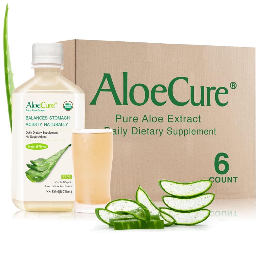 AloeCure USDA Organic Aloe Vera Juice Made Within 12 Hrs of Harvest - Pure Aloe Juice Natural Digestive Supplement to Support Digestion, Immune System and Balanced Stomach Acidity, 6 x 500ml Bottles