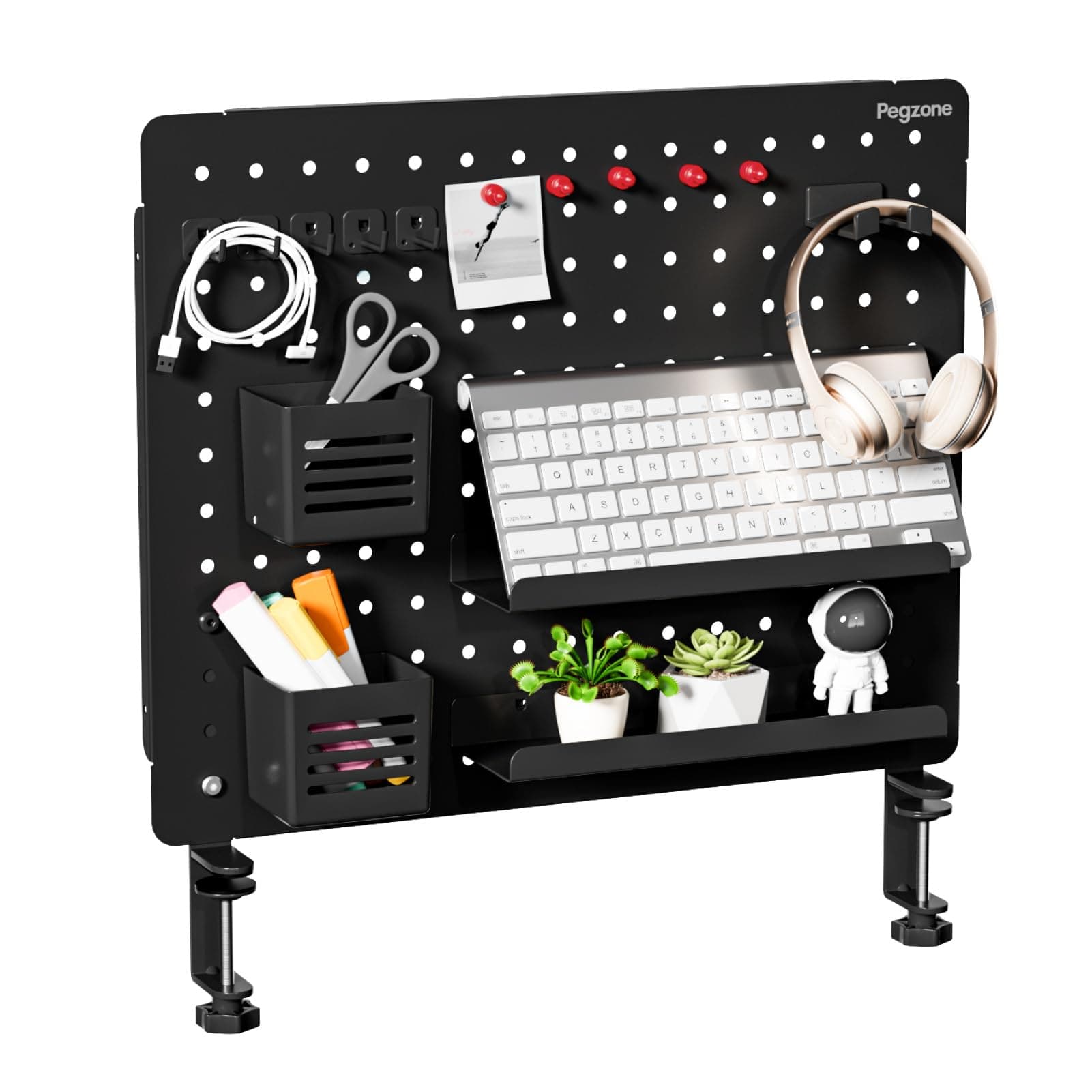 Clamp-on Desk Pegboard, Desk Organizer for Office Gaming Home, Magnetic Metal Peg Board with 15 Accessories, Privacy Panel for Office, 20.4" x 16.5", Large, Black