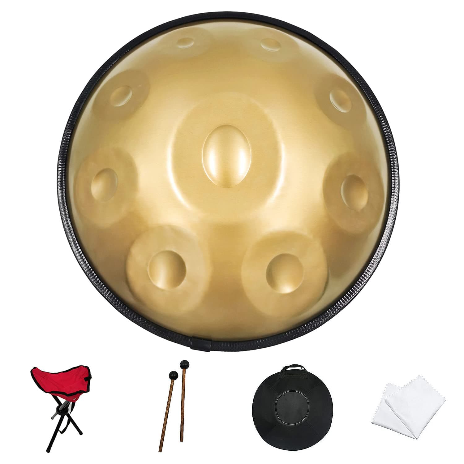 YuELinG Handpan Drum 9 notes 22inch Gold in D minor with Soft Handpan case, Durable Stand, mallets and dust-free cloth