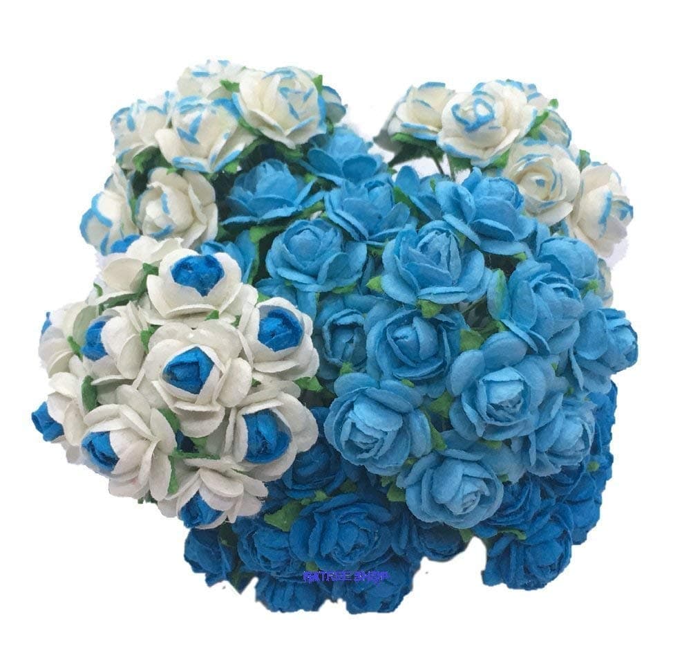 100 Mixed Blue Tone Color 10 mm Artificial Mulberry Paper Mini Rose Flower Wedding Scrapbook Diy Craft Scrapbook Bouquet Craft Stem Handmade Rose Valentines Anniversary Embellishment, Products From Thailand, By RATREE SHOP.
