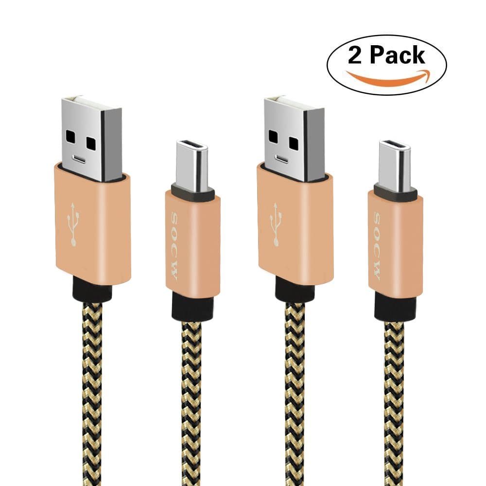 USB Type C Cable, (2 Pack 3ft+6ft) Extra Long Braided Quick Charging Cord, SOCW USB C-A Charger Cable with Reversible Connector for Samsung Galaxy S8, LG G5/G6/V20, Google Pixel XL Nexus 5X/6P - Gold