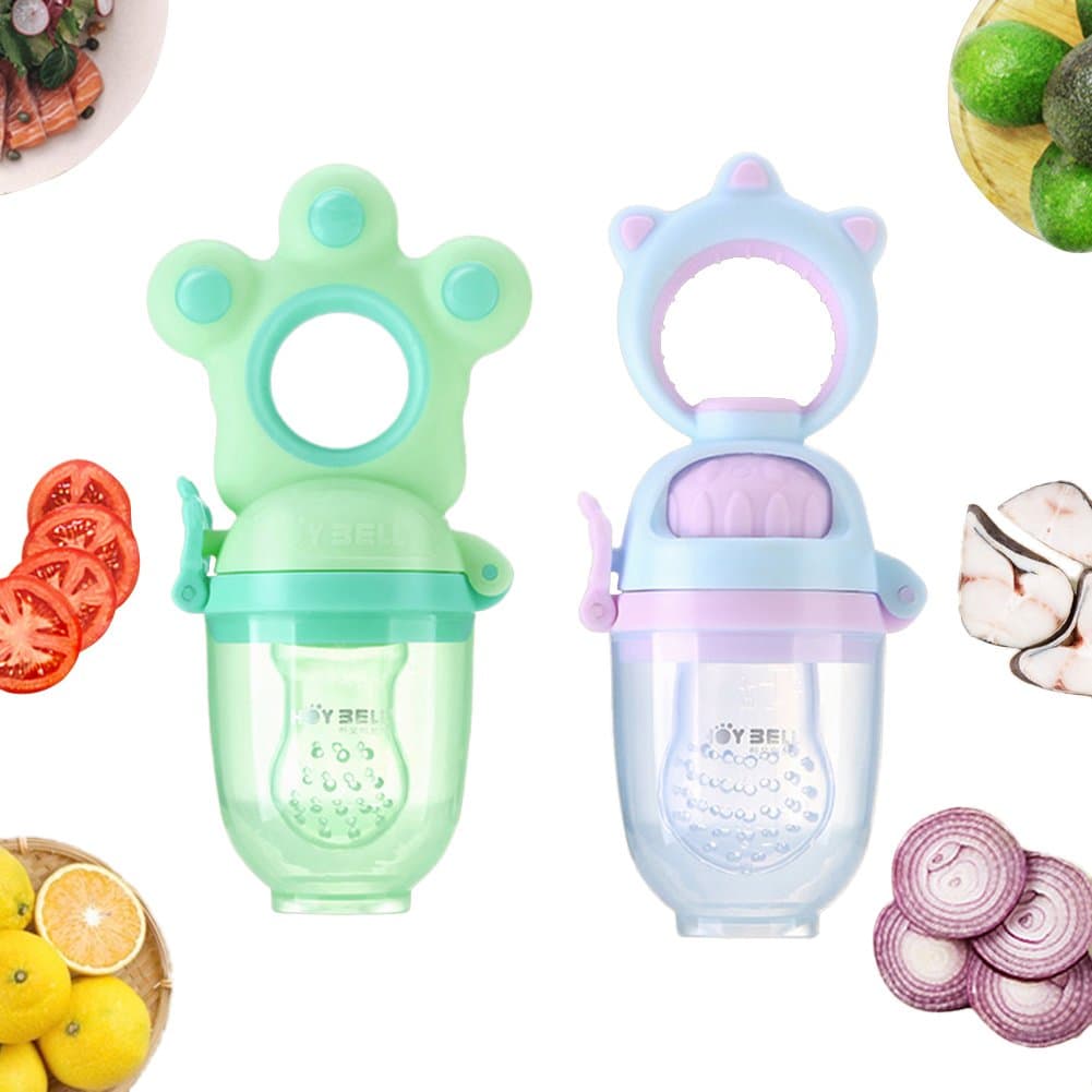 HoyBell Baby Food Feeder - Fruit Feeder Pacifier (2 pcs) - Infant Teething Toy Nibbler Teether and Silicone Food Pouches in Appetite Stimulating Colors