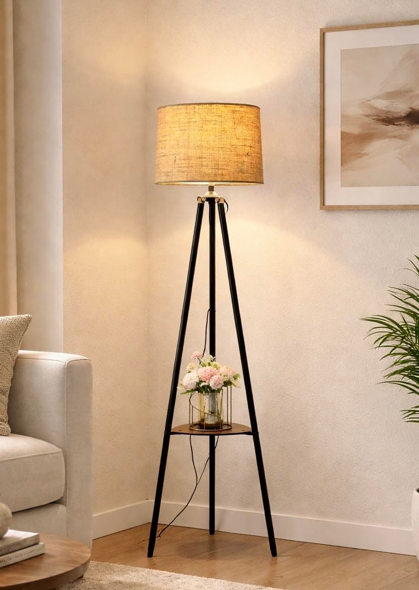 F N Finautica Metal Tripod Floor Lamp with Shelf | Modern Standing Lamp for Living Room & Bedroom Decorative Corner Floor Lamp for Home, Office & Hotel Decor