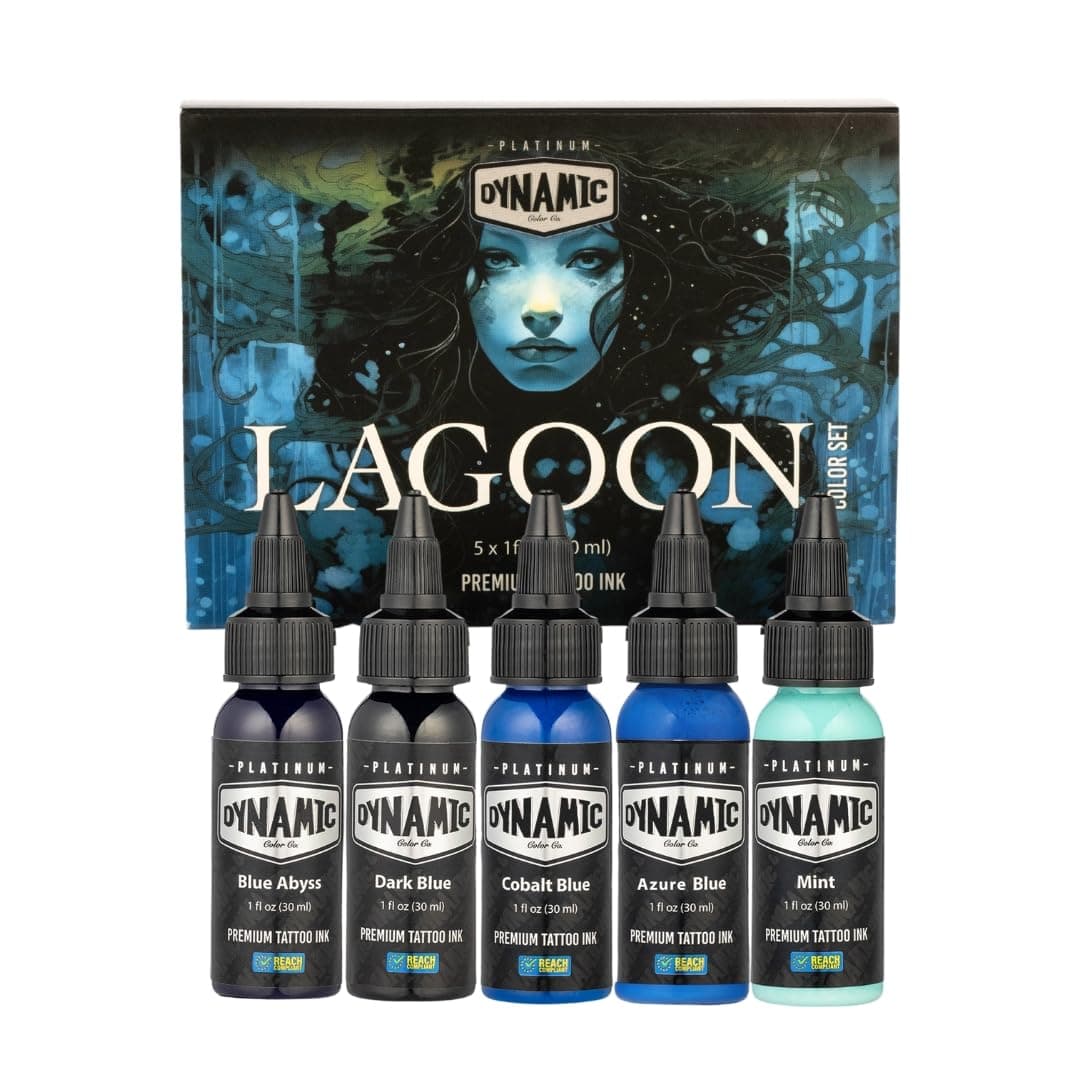 Dynamic Color Tattoo Ink Set: Lagoon - Dive into Brilliance with 5 Vibrant Blue Shades (1 oz Each) from The Platinum Collection. Reach Compliant, Crafted in Spain