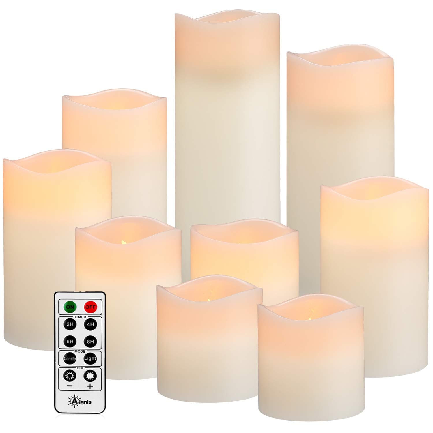 Aignis Flameless Candles Set of 9 (D 3" x H 3" 4" 5" 6" 7" 8") Battery Candle Real Wax and 10-Key Remote Timer (Ivory)