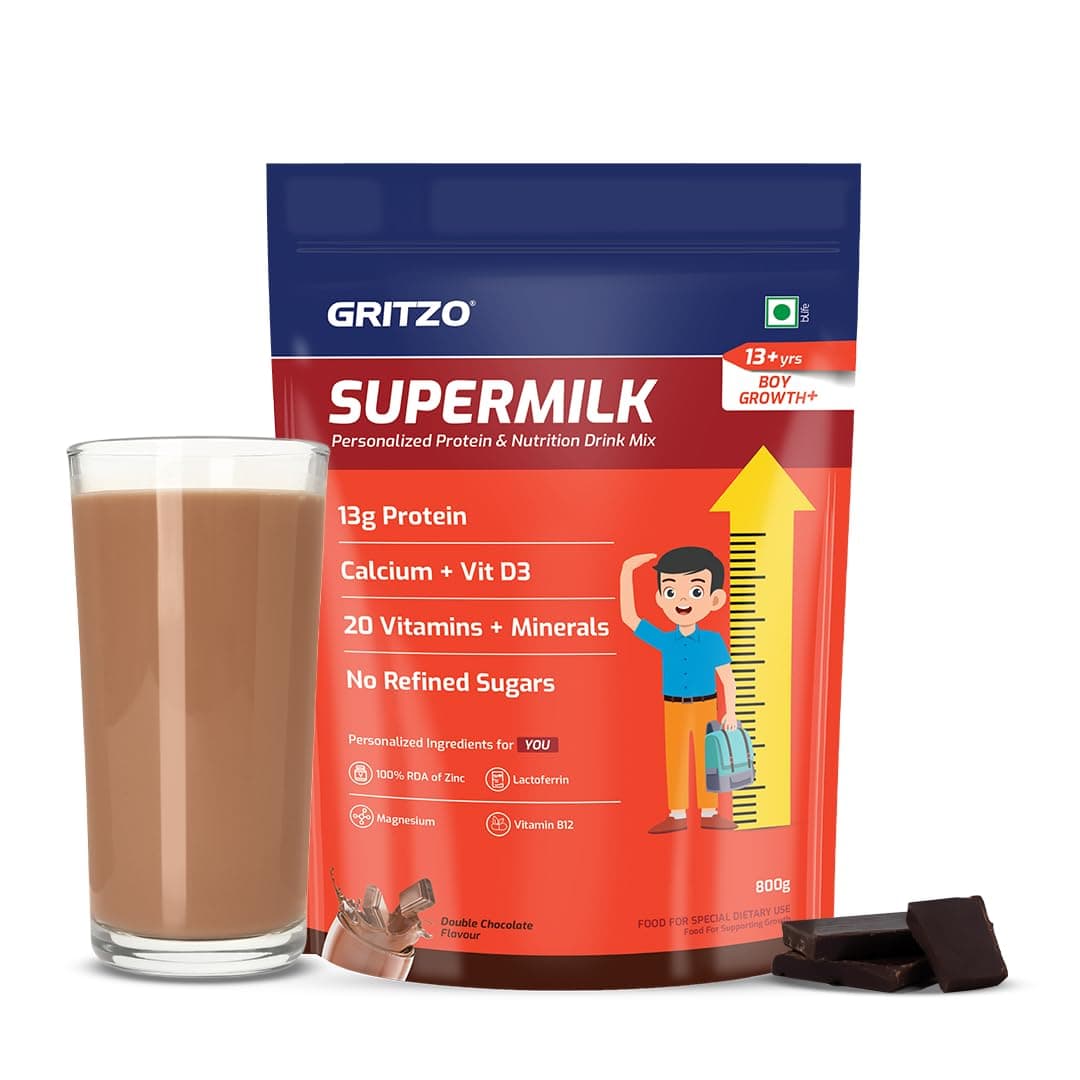 Gritzo SuperMilk Growth+ (Formerly Height+) (13+y Boys), 13g Protein Powder (Double Chocolate, 800g) | Zero Refined Sugar, 20 Vitamins & Minerals