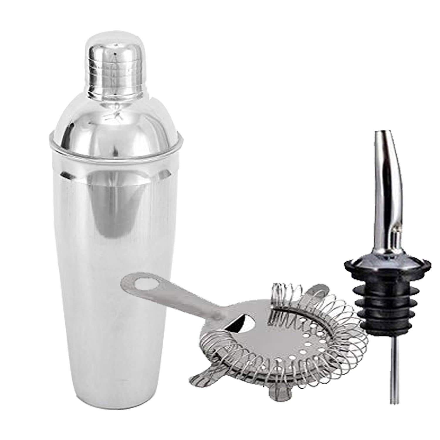 Saanvi Creations 100% Stainless Steel Silver Bar Set of 3 Pieces | Bar Tools | Bar Accessories Set of 3 Pieces | Cocktail Shaker | Strainer | Stopper - Ideal for Party Get Together and Gifting