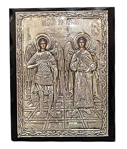 Mastic of Chios Handmade Greek Christian Orthodox Wood-Metallic icon Archangels Michael and Gabriel (24 X 19cm or 9.4 X 7.5 in) Solid Wood