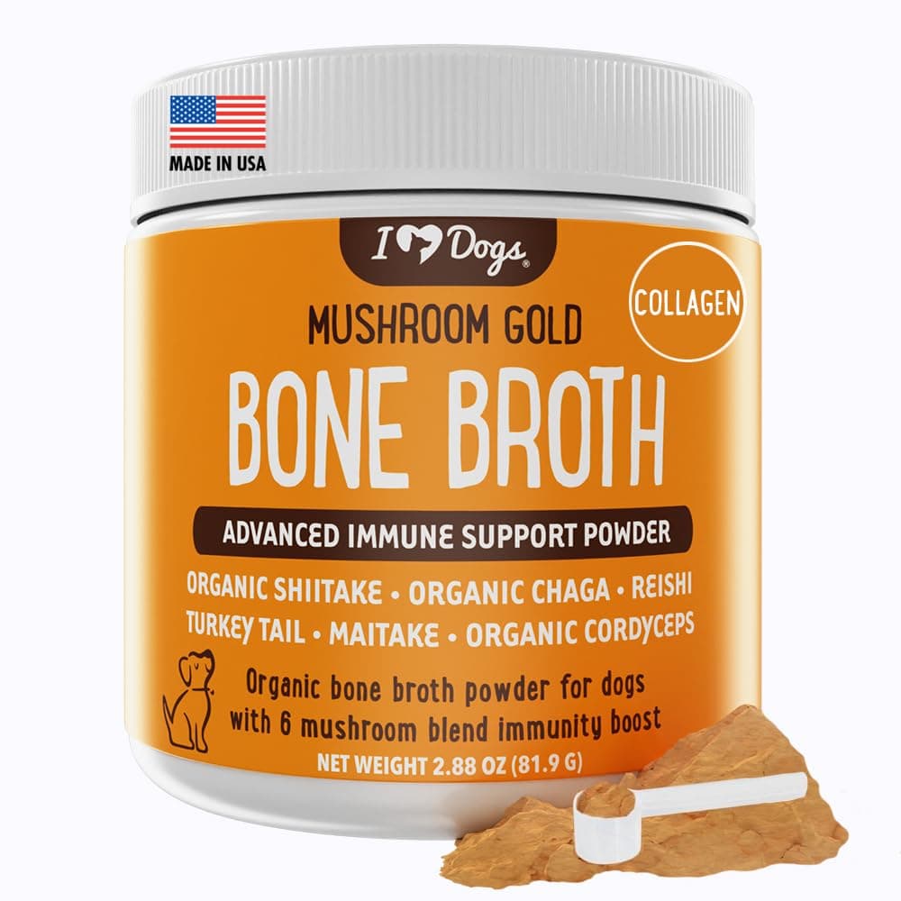 iHeartDogs Bone Broth & Collagen for Dogs - Bone Broth & Mushroom Gold Powder Supplement for Immune System Support, Improved Mobility & Flexibility and Natural Detox - Turkey Tail Mushroom for Dogs