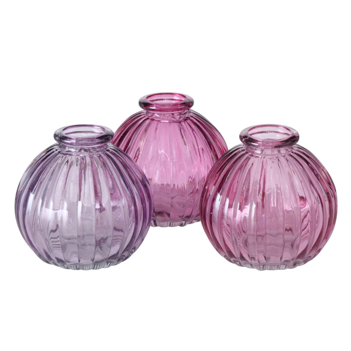 Modernist Bubble-Belly Bud Vases, Set of 3, Shades of Purple and Pink, 3.25 D x 3.25 H Inches, Glass
