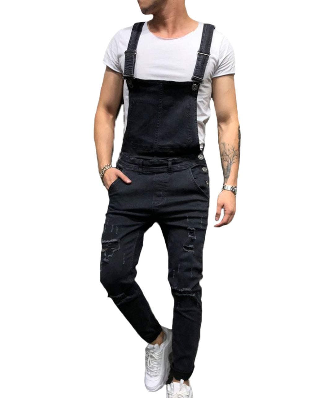 SUUGEN Mens Denim Trousers Bib Overalls Dungarees Stonewash Jeans Jumpsuits