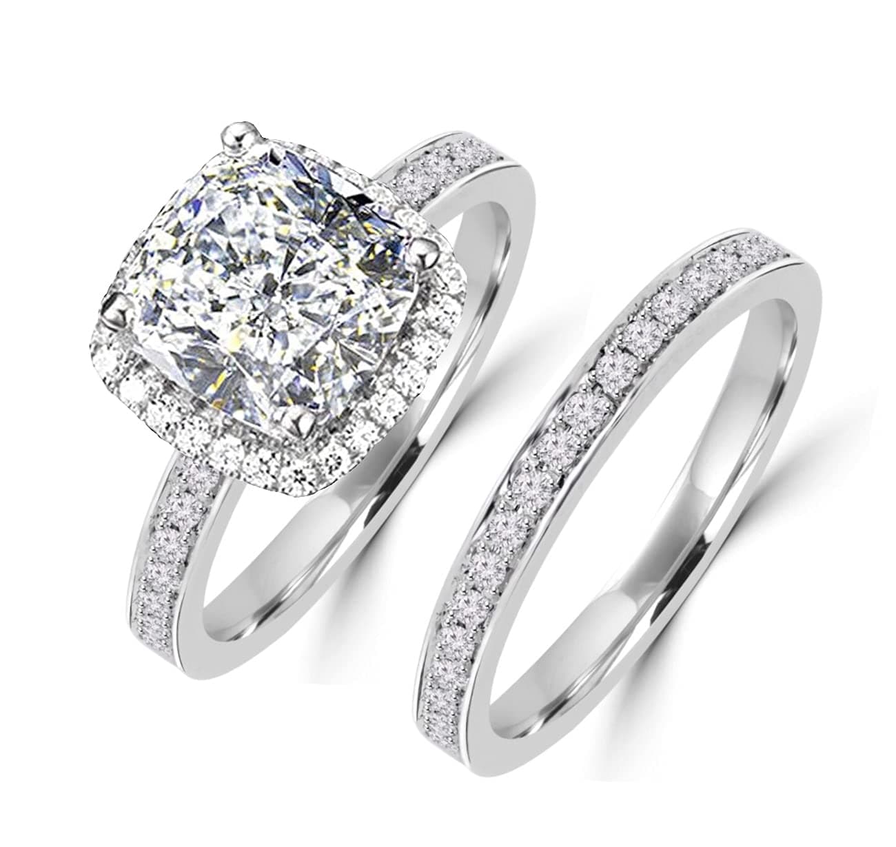 Diamonbella 101 facets 2 Carat Princess Cushion Cut NSCD Simulated Diamond Ring Band Set Solid 925 Silver Halo DBCUSHSET7
