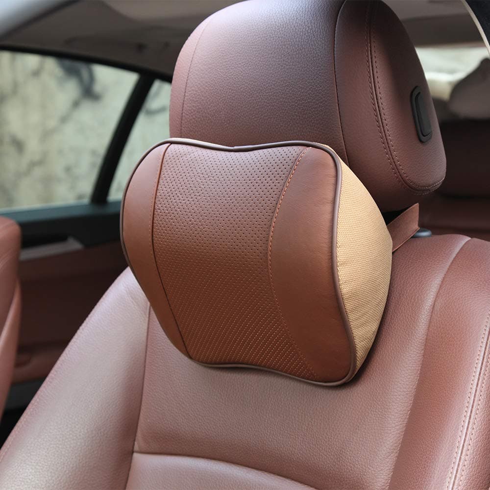 Car Seat Neck Rest Pillow, Car Headrest,Comfort Headrest Cushion Chair,Memory Foam Cervical Support, Nappa Leather Headrest for Driving,Relieve Neck Pain,Neck Supports for Car(Brown)