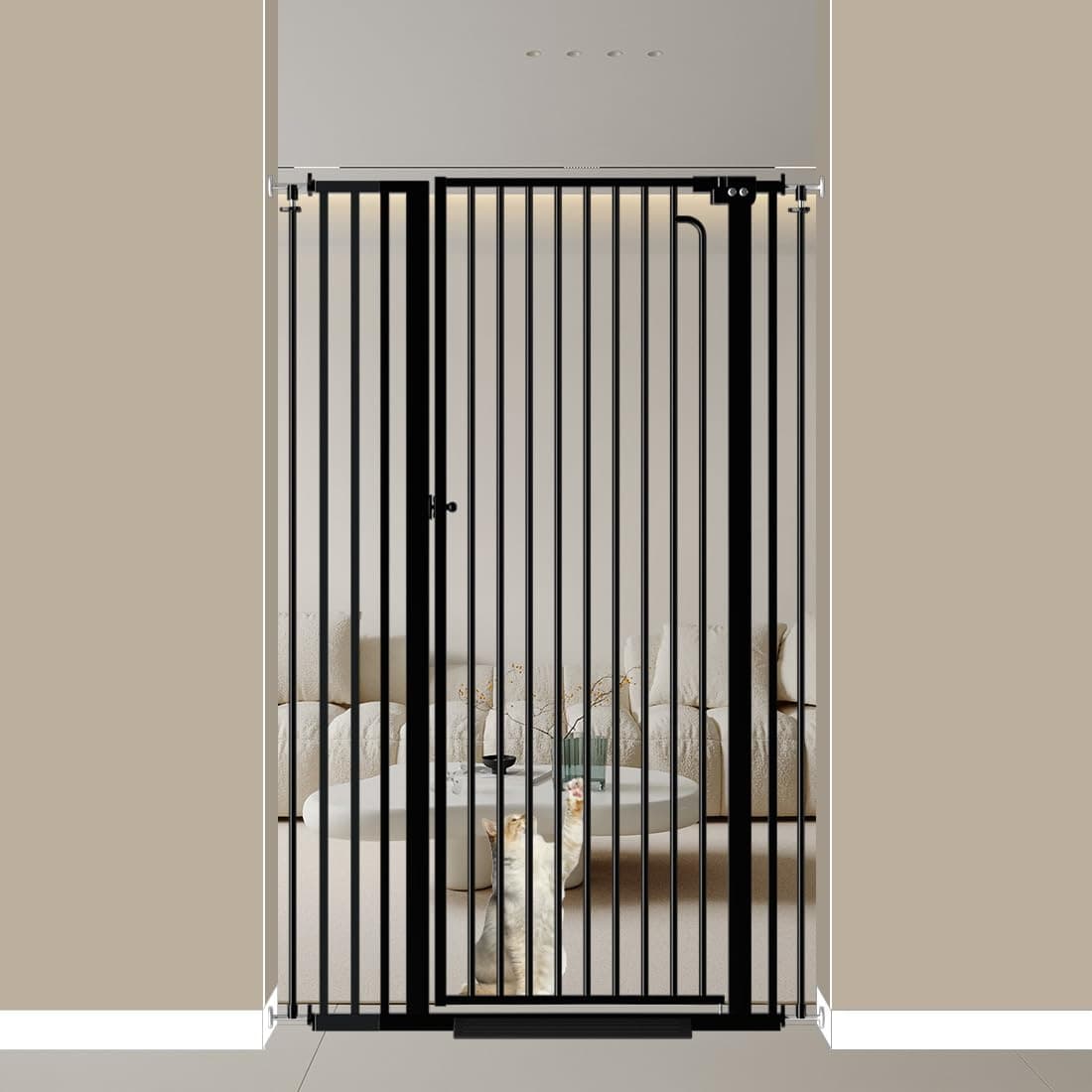 Mornyray 57.09" Extra Tall Baby Gate Pressure Mounted 33.86'' - 38.58'' Wide Walk Through Swing Auto Close Safety Gate for Kids Child Dog Pet Puppy Cat Gate for Indoor Stairs, Doorways (Black)