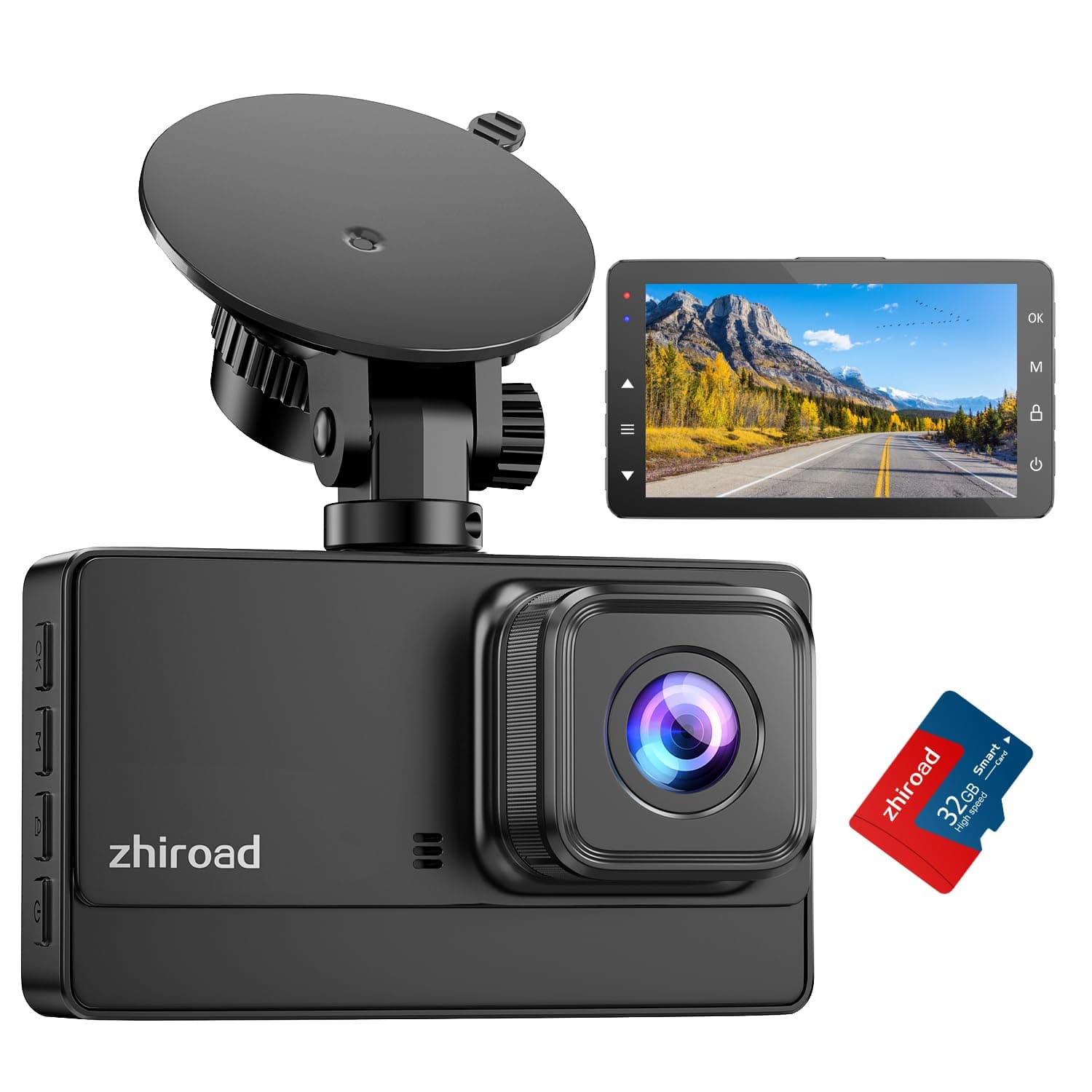 Zhiroad 1080P FHD In-Car Dashcam with 3 Inch IPS Screen, 176° Wide Angle, 32G SD Card, Night Vision, Loop Recording, Parking Mode, G-Sensor and WDR