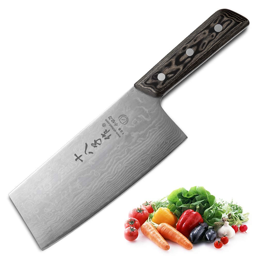 SHI BA ZI ZUO Chinese Meat Cleaver Vegetable Kitchen Cleaver Knife Superior Damascus Pattern Steel Knife with Ergonomic Design Comfortable Wooden Handle