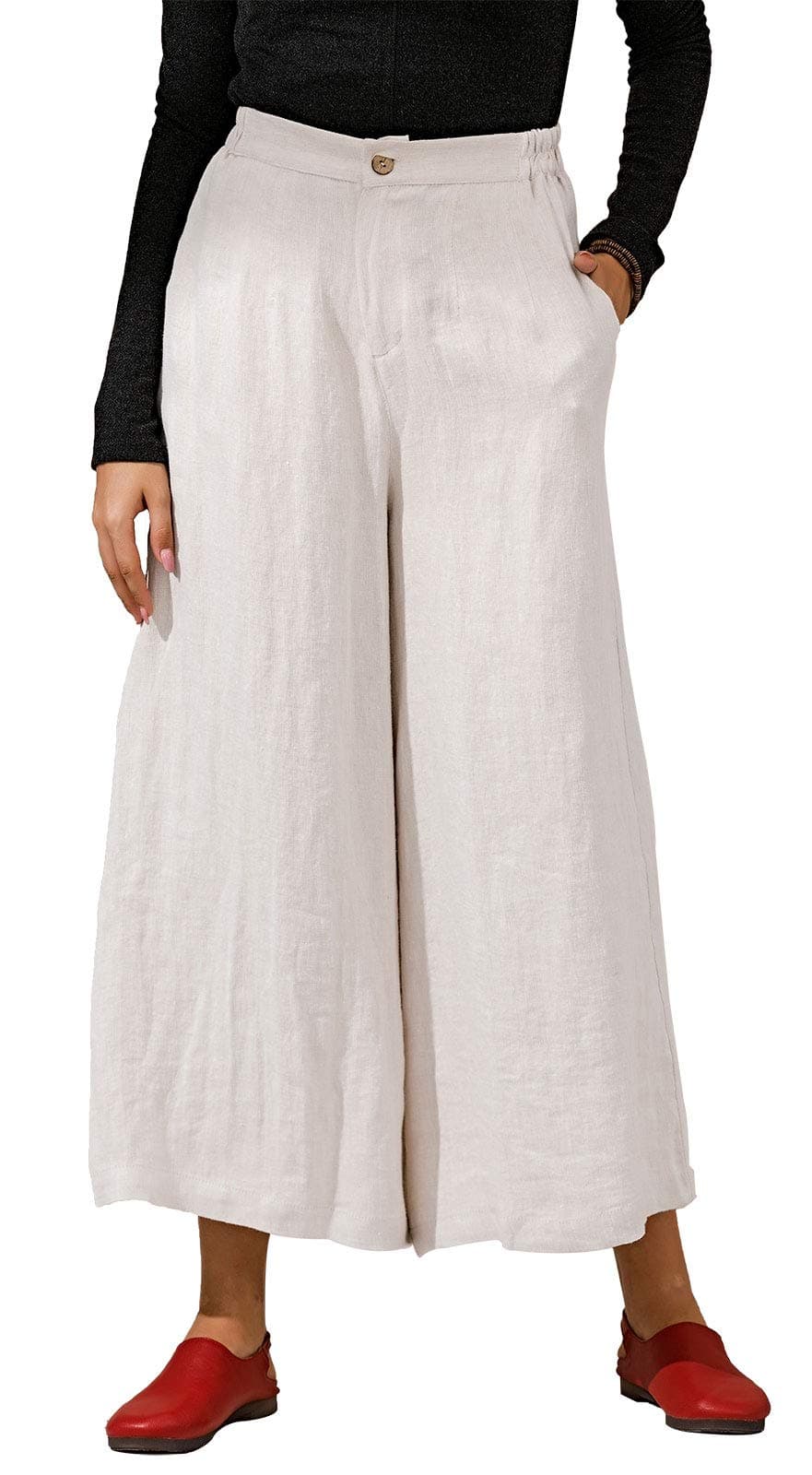Les umes Womens Casual 100 Linen Pants Elastic Waist Relaxed Fit Trousers Cropped Wide Leg Culottes Pants