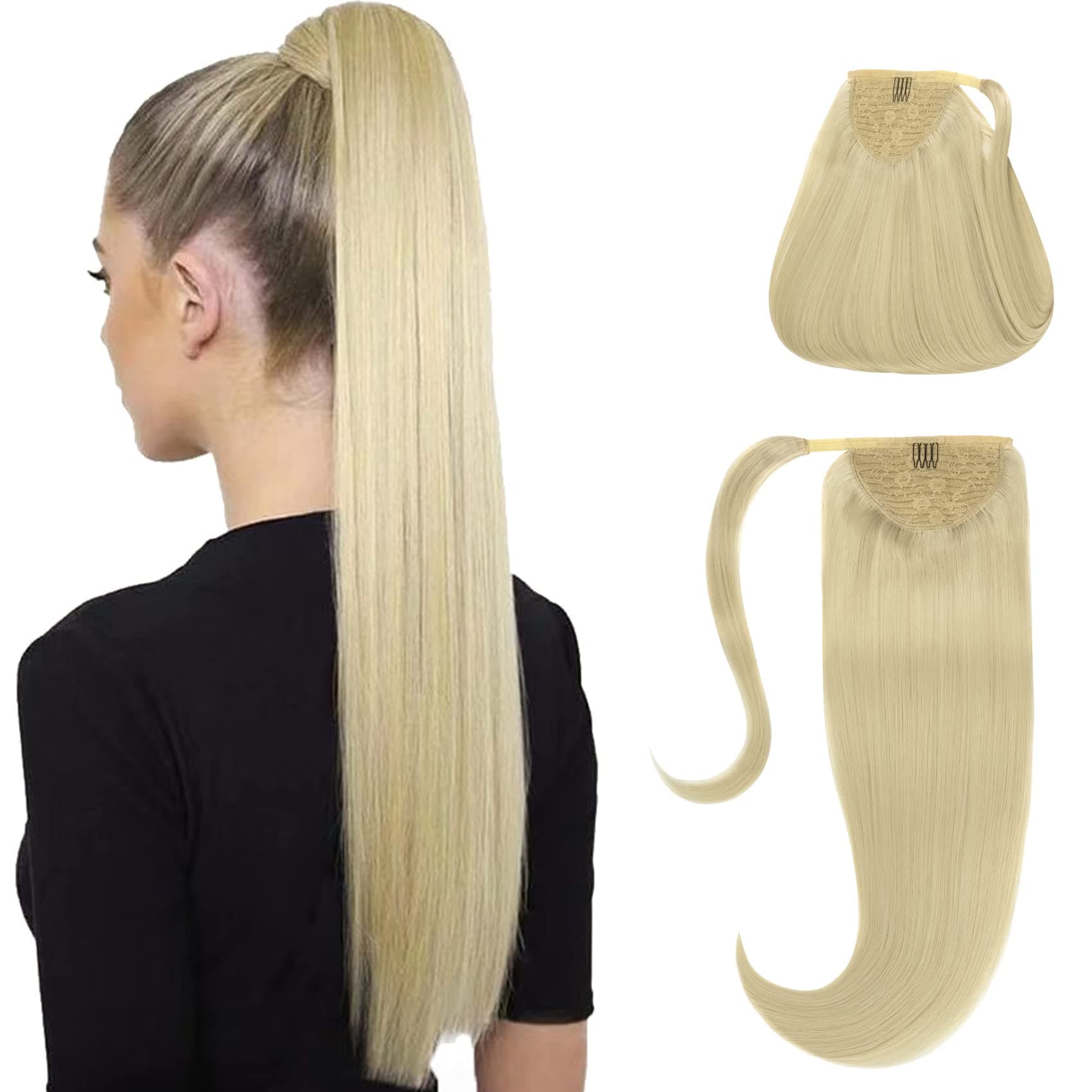 Caliee Wrap Around Ponytail for Women 60A Platinum Blonde 90G 20Inch 100% Real Human Hair Ponytail Extensions Clip on Hair Extension Long Straight Pony Tail One Piece Hairpiece