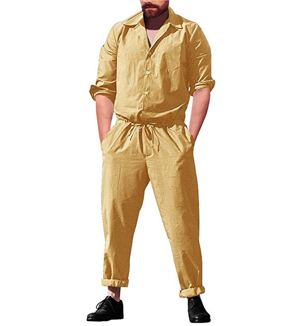 lisenraIn Men's Long Sleeve Rompers One Piece Jumpsuit Plain Coverall with Pockets