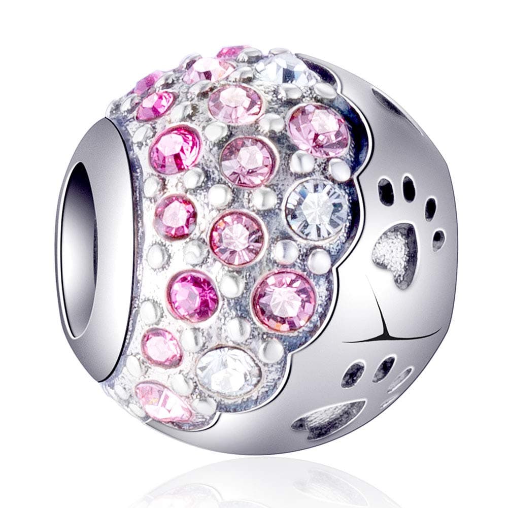 EMOSTAR Puppy Dog Paw Print Charms,925 Sterling Silver Pet Footprint Beads with Colorful Crystals, for Animal or Mothers Day Bracelets