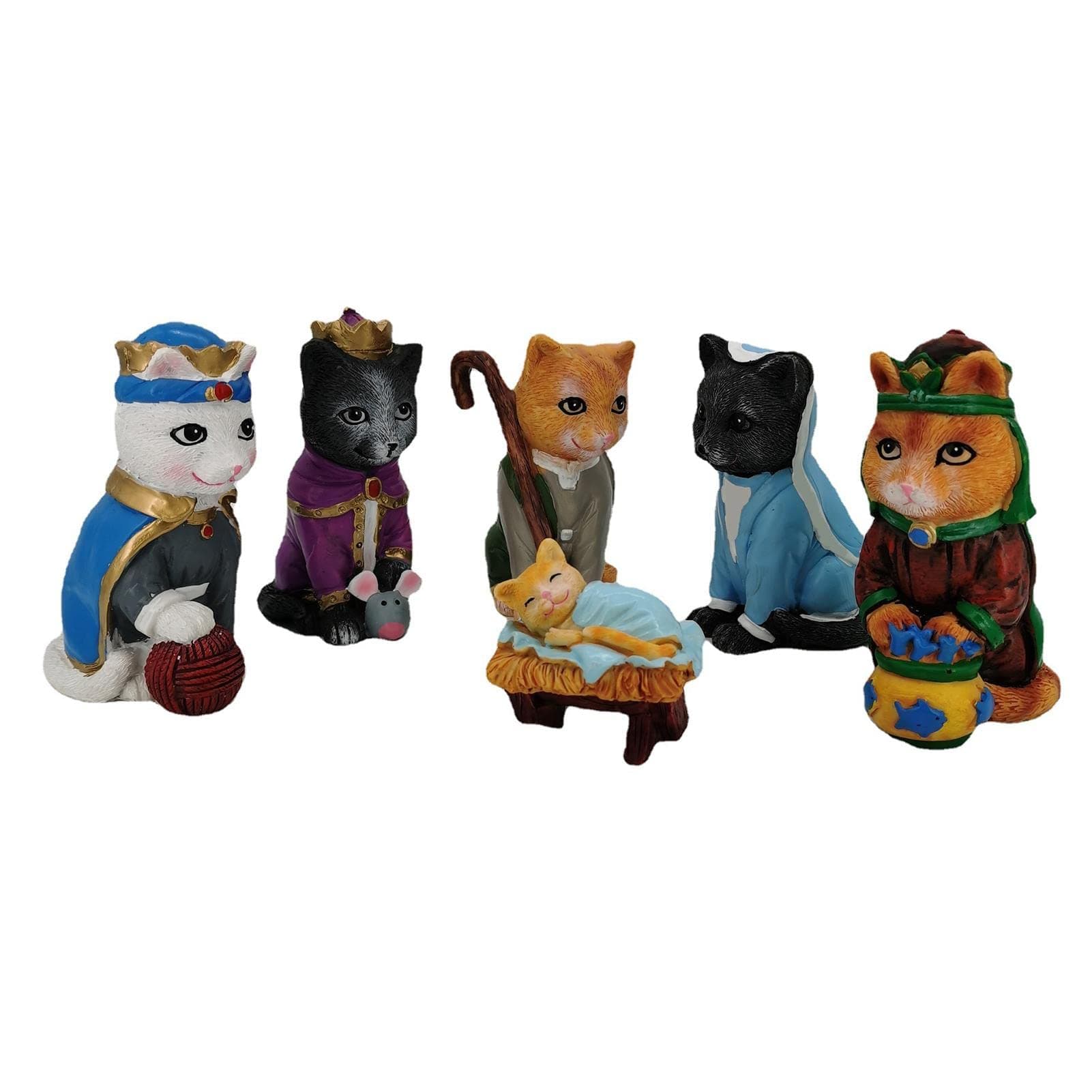 Nativity Scene Set, 6 Cat Figurines, Birth of a Kitten Figurine Collection, Royal Cat Statue Resin Decoration for Home Tabletop Ornament, Christmas Decorations