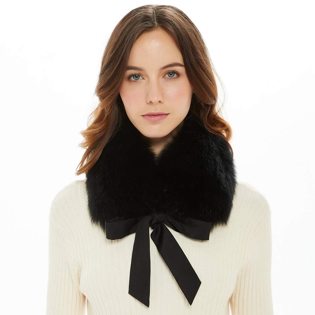 Ferand Ladies Stylish Genuine Fox Fur Collar Scarf with Satin Ribbon