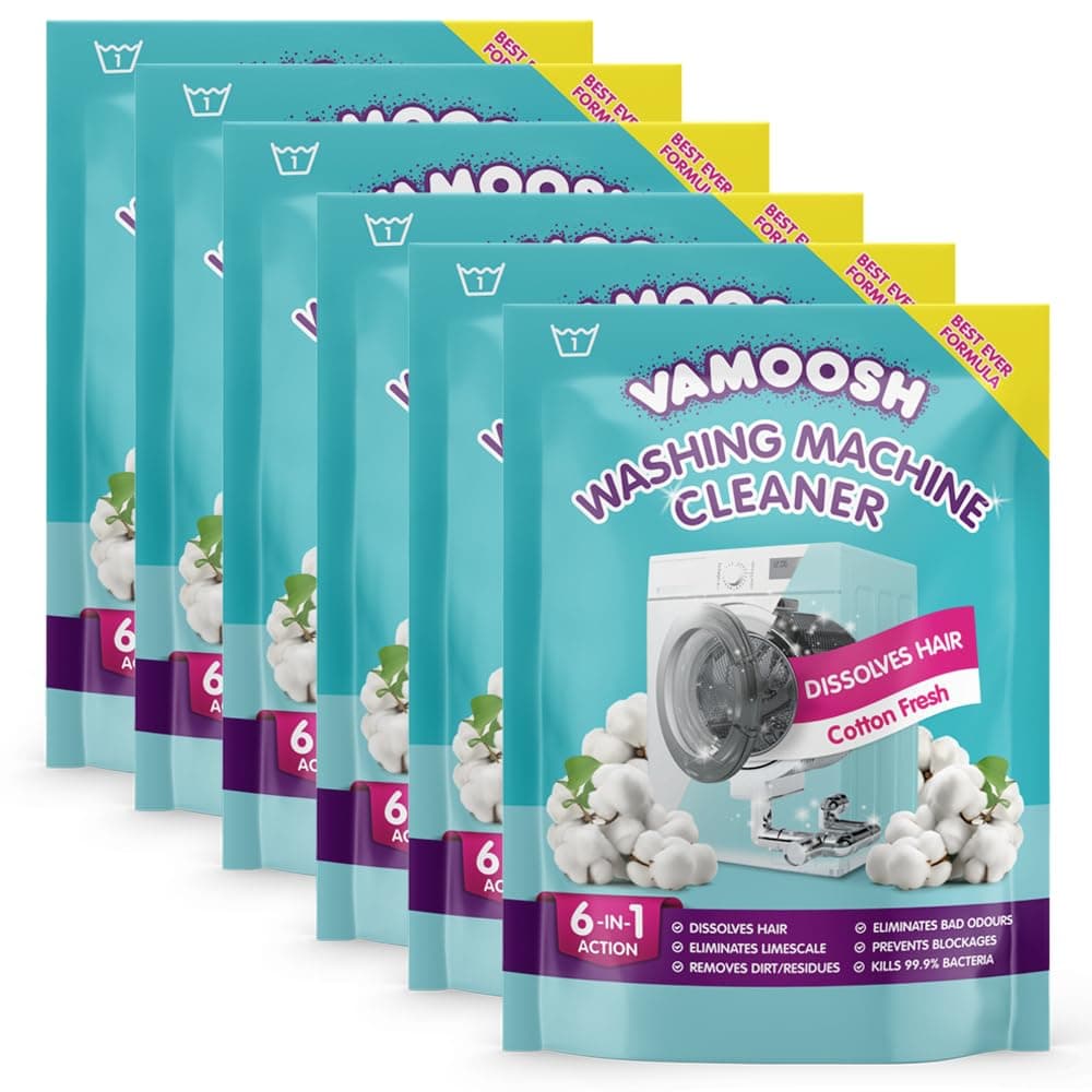 6-in-1 Washing Machine Cleaner, Cotton Fresh Scent. Dissolves Hair, Eliminates Bad Odours, Removes Limescale, Deep Clean, Leaves Smelling Fresh, Antibacterial, Descales, 6 Washes