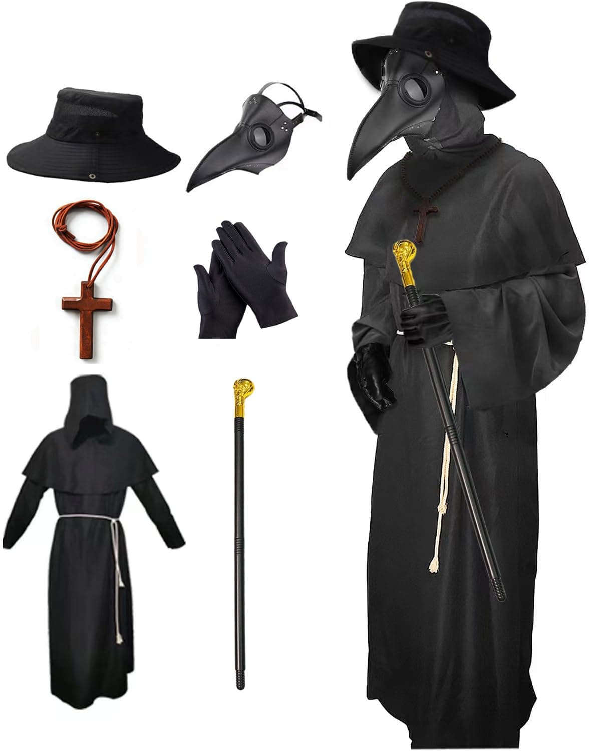 Plague Doctor Costume Halloween Costumes for Adults Men Plague Dr Outfit 6 in 1 Set